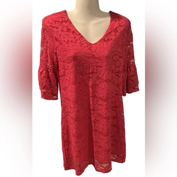 Belongsei Hot Pink Floral Lace 3/4 flare sleeves V neck dress NWOT - Picture 1 of 6